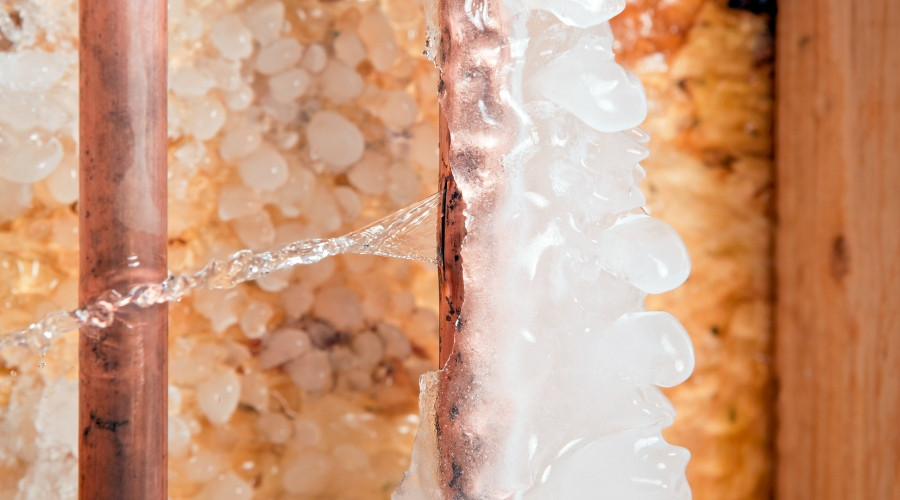 Frozen copper pipes with ice buildup and water leaking, illustrating plumbing issues during winter.